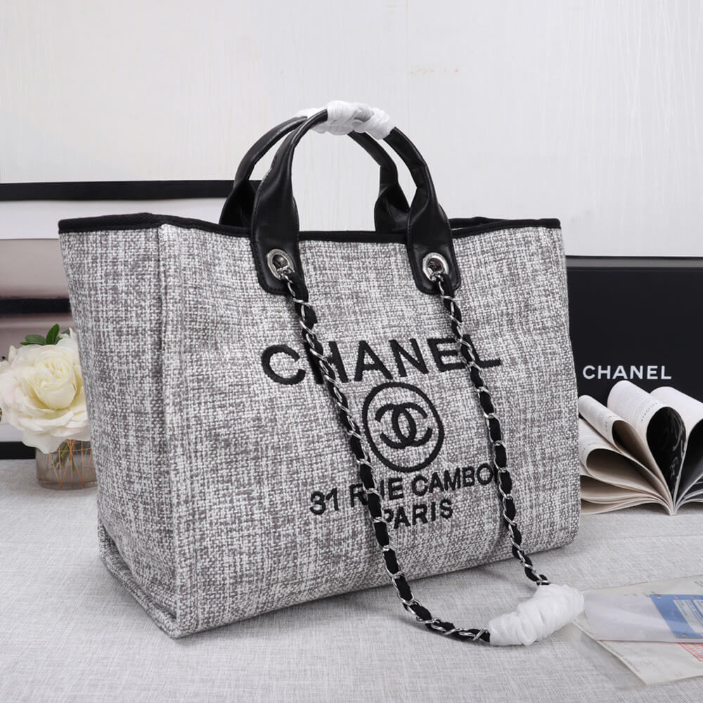 Ch*el woven straw raffia striped medium deauville tote